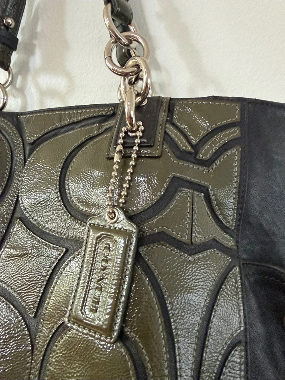 Coach Olive and Black Signature Tote with Chain Accent